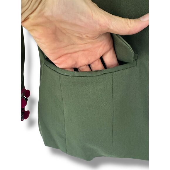 Olive Green Blazer Pom-Pom Fringe Cuffs Pockets Size M All-Season Office Jacket - Picture 6 of 10